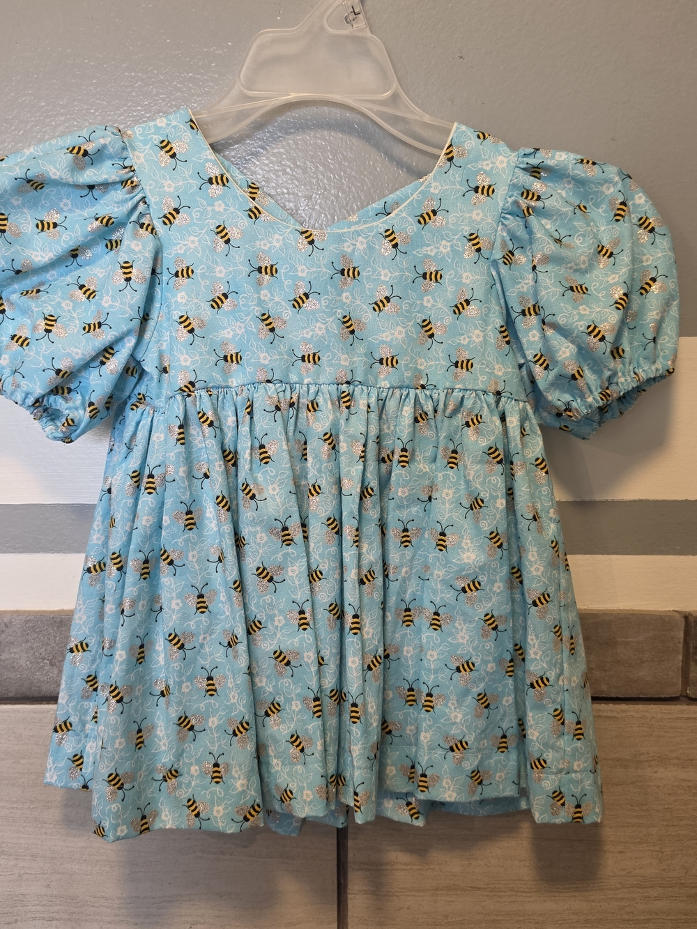 The Twisted Lily Handmade Soft Blue Floral Bee Print Puff-Sleeve Toddler Dress